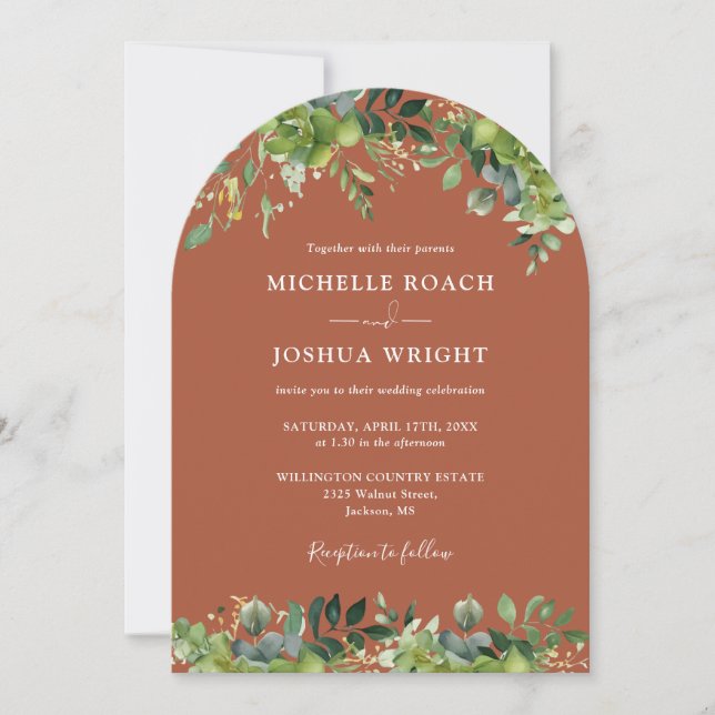 Greenery Floral Arch Terracotta QR Code Wedding Invitation (Front)