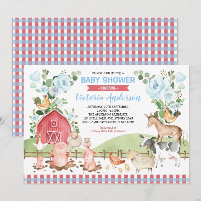Greenery Floral Barnyard Farm Animals Baby Shower Invitation (Front/Back)