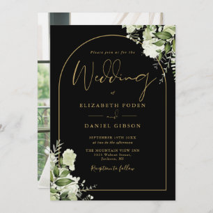 Greenery Floral Black And Gold Arch Photo Wedding Invitation