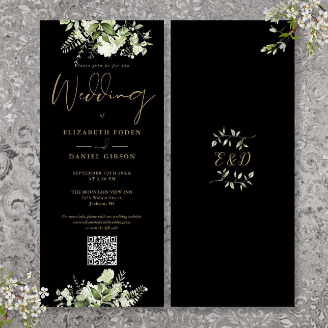 Greenery Floral Black And Gold QR Code Wedding Invitation (Greenery Floral Black And Gold QR Code Wedding Invitation)