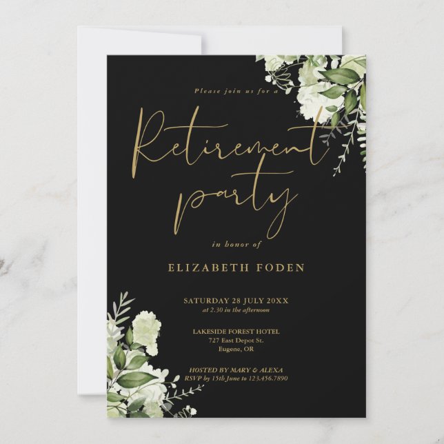 Greenery Floral Black And Gold Retirement Party Invitation (Front)