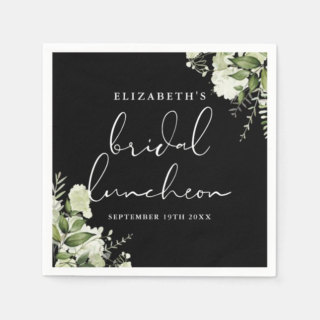 Greenery Floral Black And White Bridal Luncheon Napkin (Front)