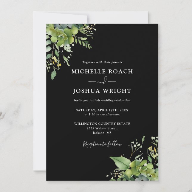 Greenery Floral Black And White Monogram Wedding Invitation (Front)