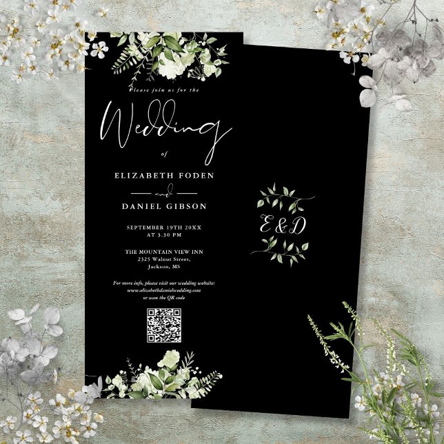 Greenery Floral Black And White QR Code Wedding Invitation (Greenery Floral Black And White QR Code Wedding Invitation)