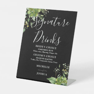 Greenery Floral Black And White Signature Drinks Pedestal Sign