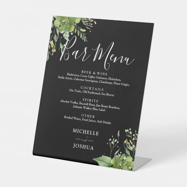 Greenery Floral Black And White Wedding Bar Menu Pedestal Sign (Front)