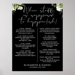 Greenery Floral Black And White Wedding Itinerary Poster