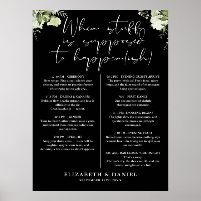 Greenery Floral Black And White Wedding Itinerary Poster (Front)