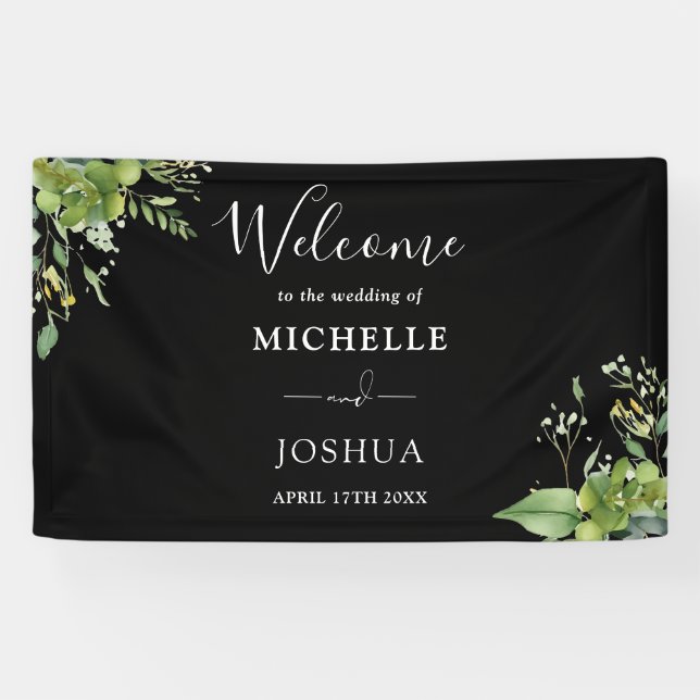 Greenery Floral Black And White Wedding Welcome Banner (Horizontal)