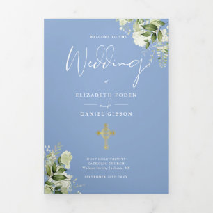 Greenery Floral Blue Catholic Wedding Mass Tri-Fold Programme