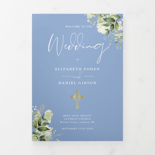 Greenery Floral Blue Catholic Wedding Mass Tri-Fold Programme (Cover)