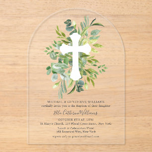 Greenery Floral Botanical Cross Baptism Acrylic Invitations