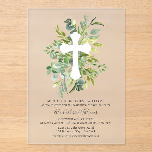 Greenery Floral Botanical Cross Baptism Acrylic Invitations