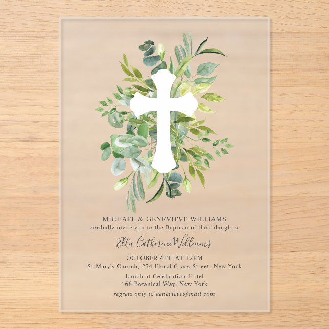 Greenery Floral Botanical Cross Baptism Acrylic Invitations (Front)