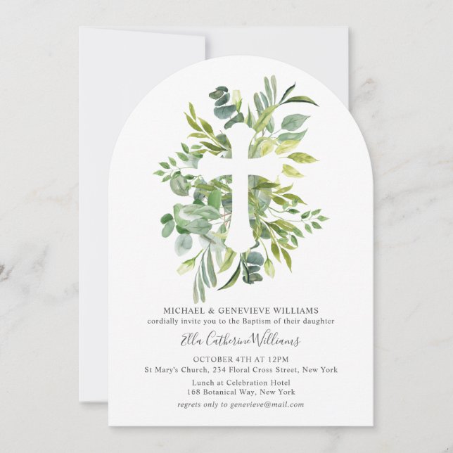 Greenery Floral Botanical Cross Baptism Invitation (Front)