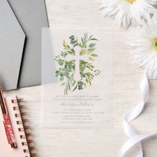 Greenery Floral Botanical Cross Baptism Vellum Invitations