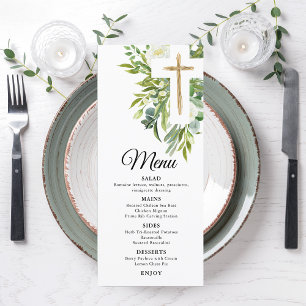 Greenery Floral Botanical Cross Elegant Baptism Menu