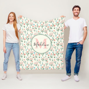 Greenery Floral Botanical Flowers Pink Monogram Fleece Blanket