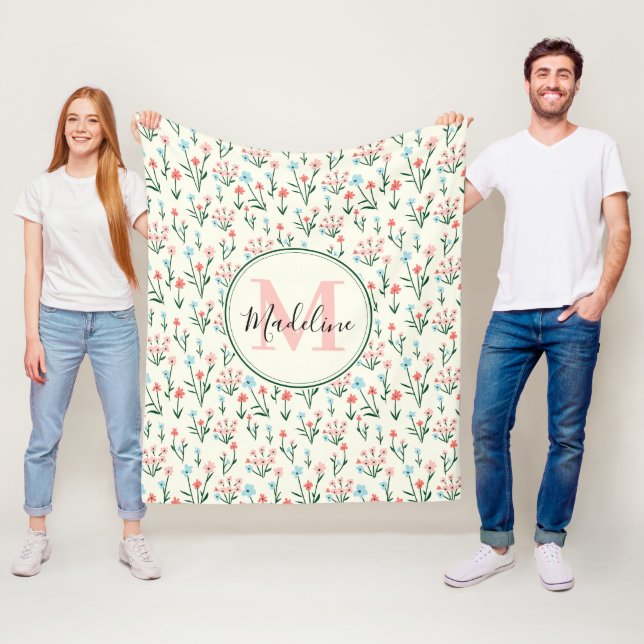 Greenery Floral Botanical Flowers Pink Monogram Fleece Blanket (In Situ)
