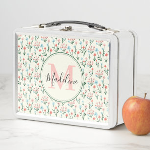 Greenery Floral Botanical Flowers Pink Monogram Metal Lunch Box