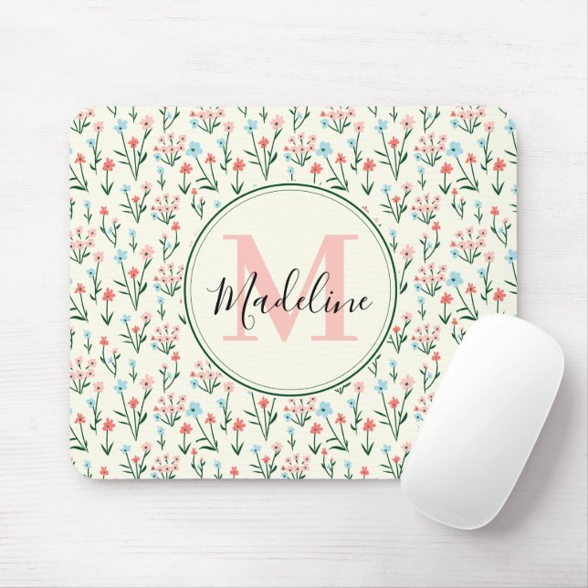 Greenery Floral Botanical Flowers Pink Monogram Mouse Mat (With Mouse)