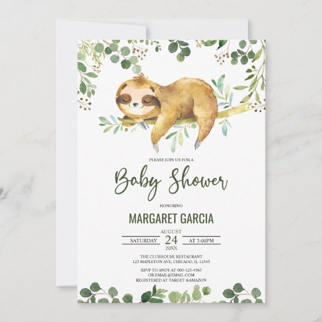 Greenery Floral Boy Cute Sloth Baby Shower Invitation (Front)