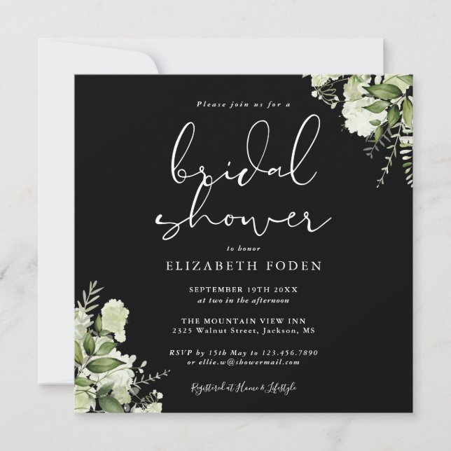 Greenery Floral Bridal Shower Black And White Invitation (Front)