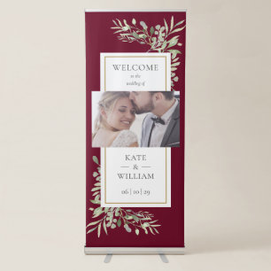 Greenery Floral Burgundy Red Photo Wedding Welcome Retractable Banner