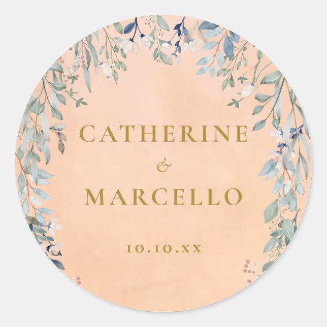 Greenery Floral Cascade Rustic Wedding Classic Round Sticker (Front)