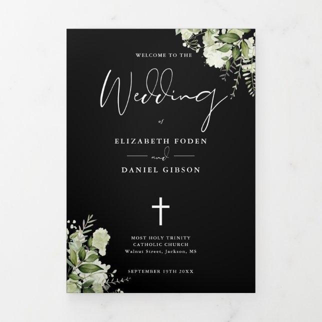 Greenery Floral Catholic Wedding Mass Tri-Fold Programme (Cover)