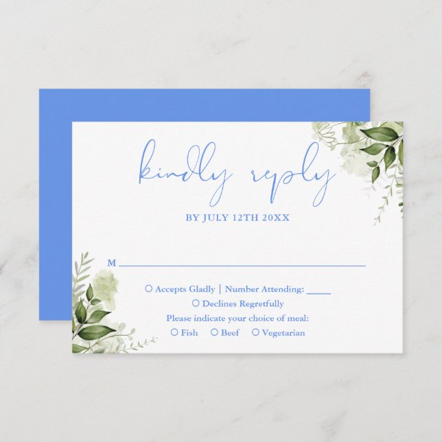 Greenery Floral Cornflower Blue Wedding RSVP Card (Front/Back)