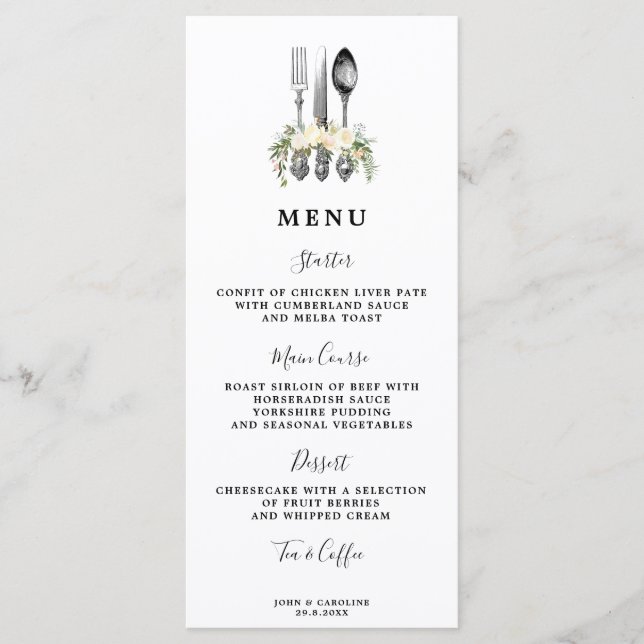 greenery floral cutlery wedding menu cards (Front)