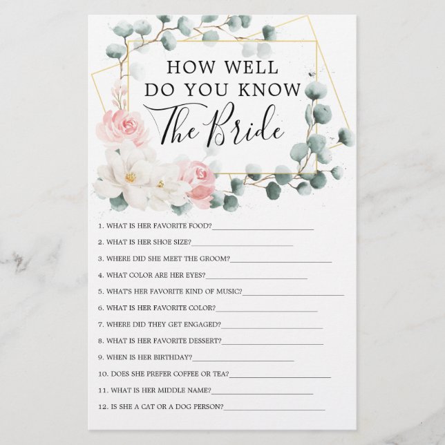 Greenery Floral Double Sided Bridal Shower Games (Front)