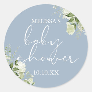 Greenery Floral Dusty Blue Boy Baby Shower Favour Classic Round Sticker