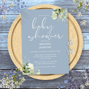 Greenery Floral Dusty Blue Boy Baby Shower Invitation