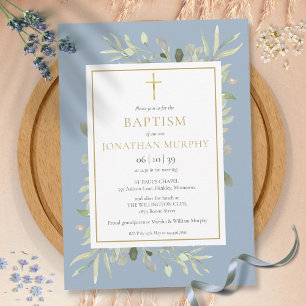 Greenery Floral Dusty Blue Boy Baptism Invitation