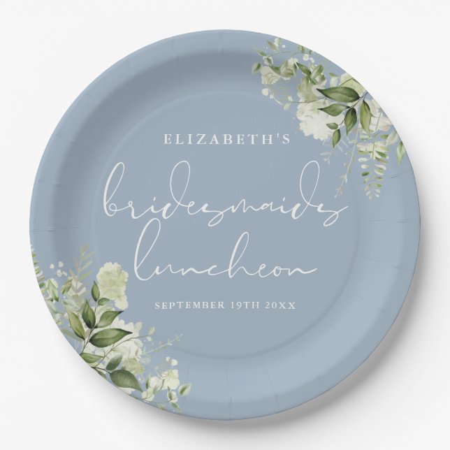 Greenery Floral Dusty Blue Bridesmaids Luncheon Paper Plate (Front)