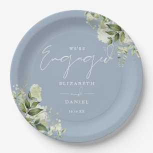 Greenery Floral Dusty Blue Engagement Party Paper Plate