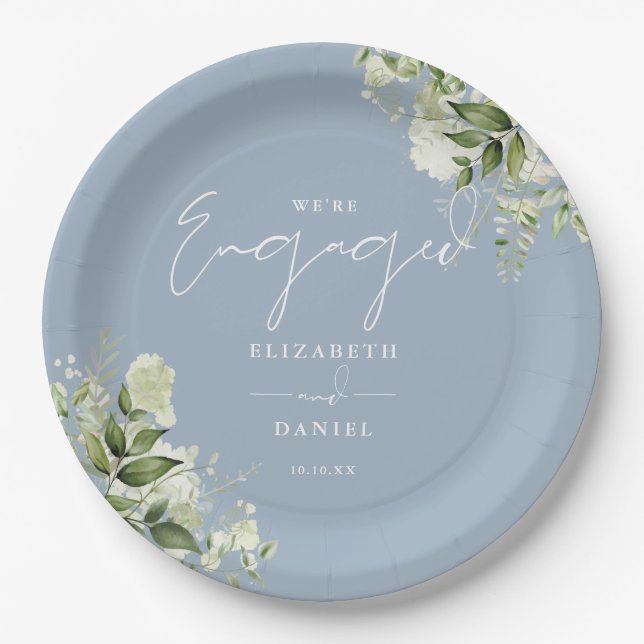 Greenery Floral Dusty Blue Engagement Party Paper Plate (Front)