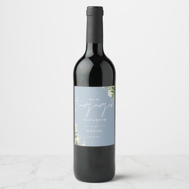 Greenery Floral Dusty Blue Engagement Party Wine Label (Front)