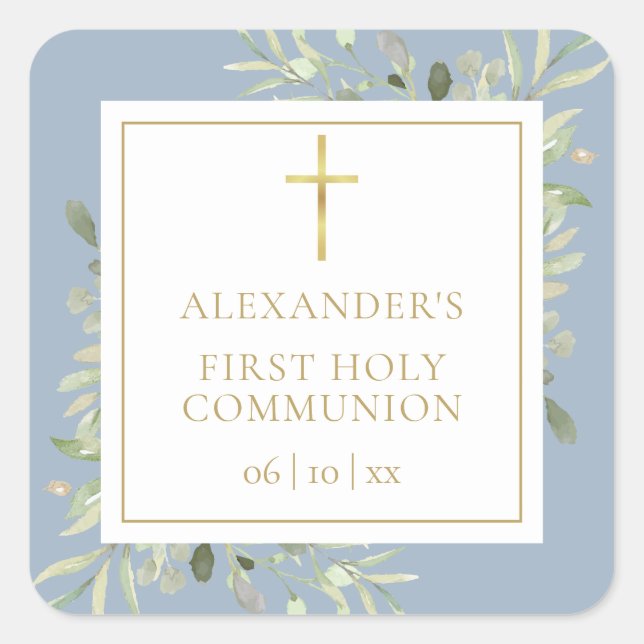 Greenery Floral Dusty Blue First Holy Communion Square Sticker (Front)