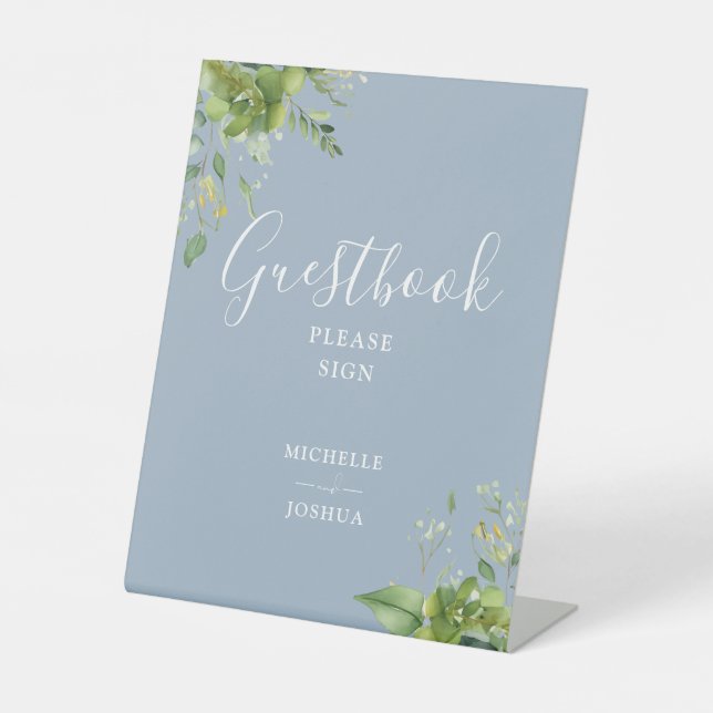 Greenery Floral Dusty Blue Guestbook Pedestal Sign (Front)
