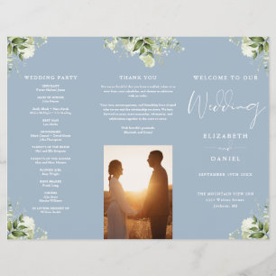 Greenery Floral Dusty Blue Trifold Wedding Program Flyer