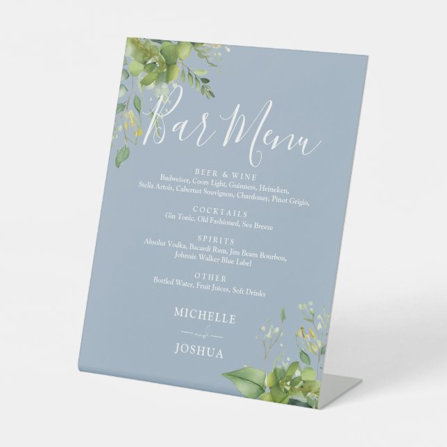 Greenery Floral Dusty Blue Wedding Bar Menu Pedestal Sign (Front)