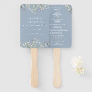 Greenery Floral Dusty Blue Wedding Program Hand Fan