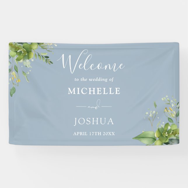 Greenery Floral Dusty Blue Wedding Welcome Banner (Horizontal)