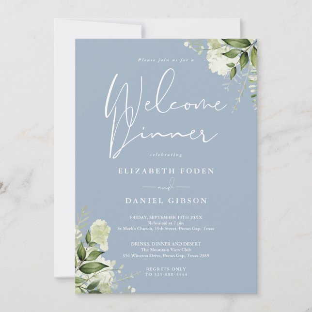 Greenery Floral Dusty Blue Welcome Dinner Invitation (Front)