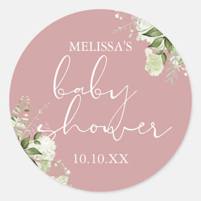 Greenery Floral Dusty Rose Girl Baby Shower Favour Classic Round Sticker (Front)