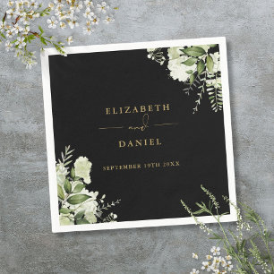 Greenery Floral Elegant Black And Gold Wedding Napkin