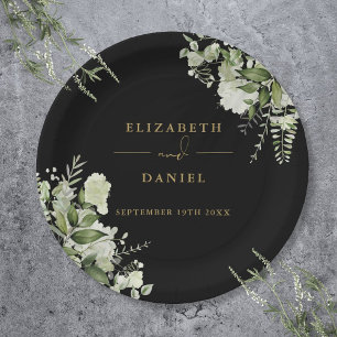 Greenery Floral Elegant Black And Gold Wedding Paper Plate
